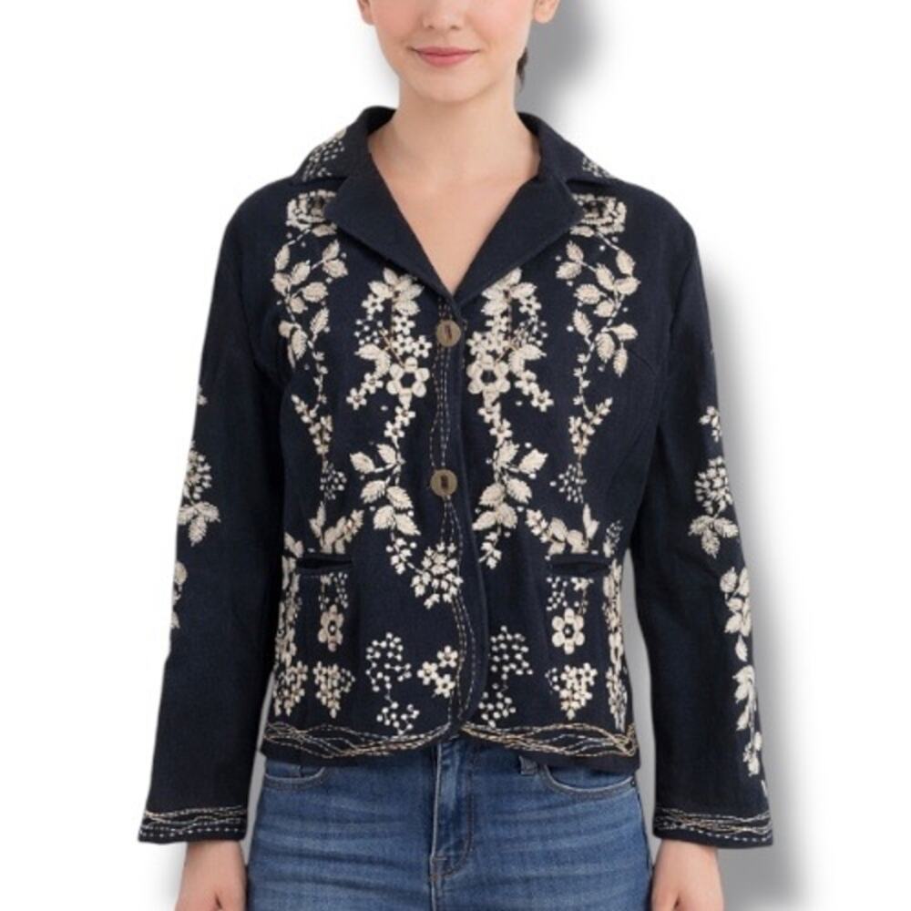 Vintage 90s Embroidered Jean Jacket Black Denim Tan Floral Bohemian Size Small